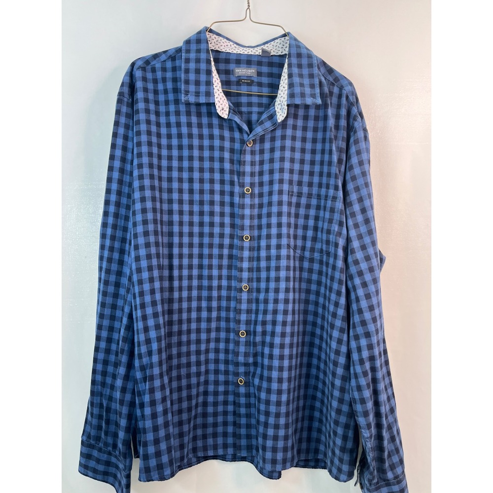 Van Heusen XXL Mens Blue Black Gingham Checkered Slim Fit Long Sleeve Shirt